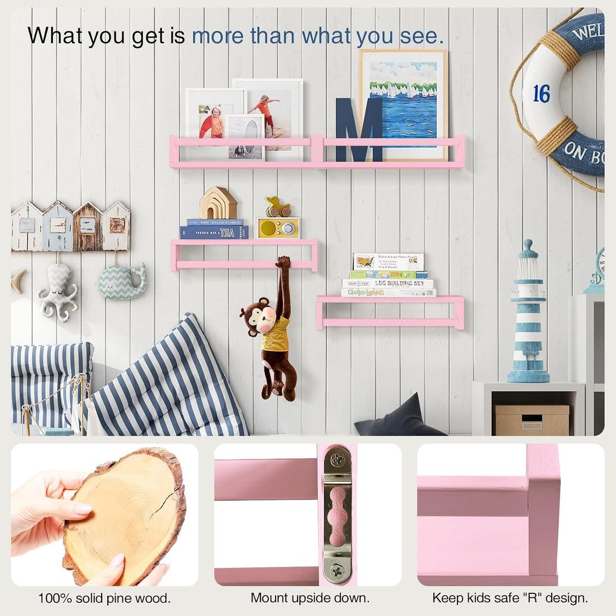 Pink Nursery Floating Shelves for Wall, Small Kids Wall Bookshelf for Baby Toddler Girls Room, Wood Nursery Hanging Book Shelves for Childrens Bedroom Toys Storage Organizer (Set of 4, Pink)