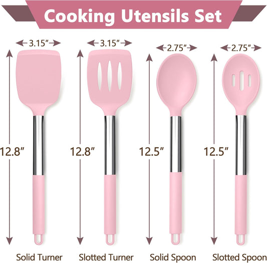 Pink Kitchen Cooking Utensil Set of 4, Slicone Head & Steel Body