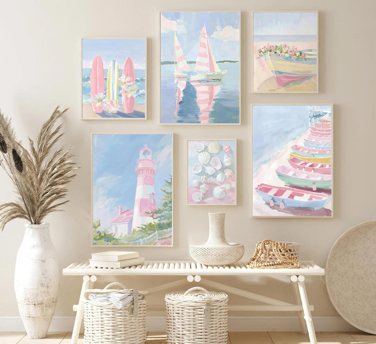 Ruasuben 6 Pcs Pink Beach Preppy Wall Art, Pink Coasta Wall Decor, 8x10 In