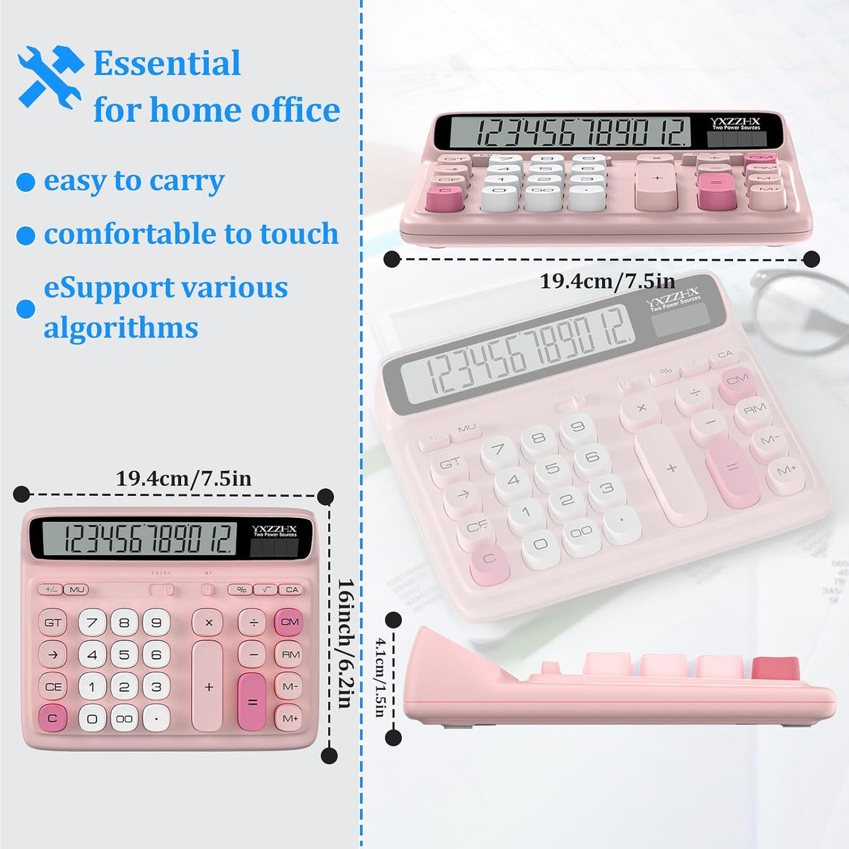 Desktop Calculator with Extra Large 5-Inch LCD Display, 12-Digit Two Way Power Solar & Battery Office Calculator with Big Buttons for Business, Accounting & Home Use(Pink)