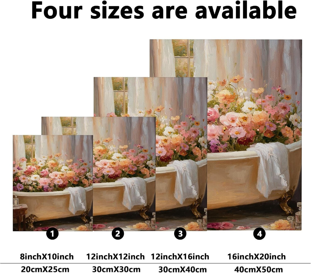 Floral Bath Canvas Wall Art, Peach White Spring Flowers Poster Prints, Elegant Abstract Bathroom Home Decor for Living Room, Bedroom, Spa, Wrapped Canvas 16x20 Inch