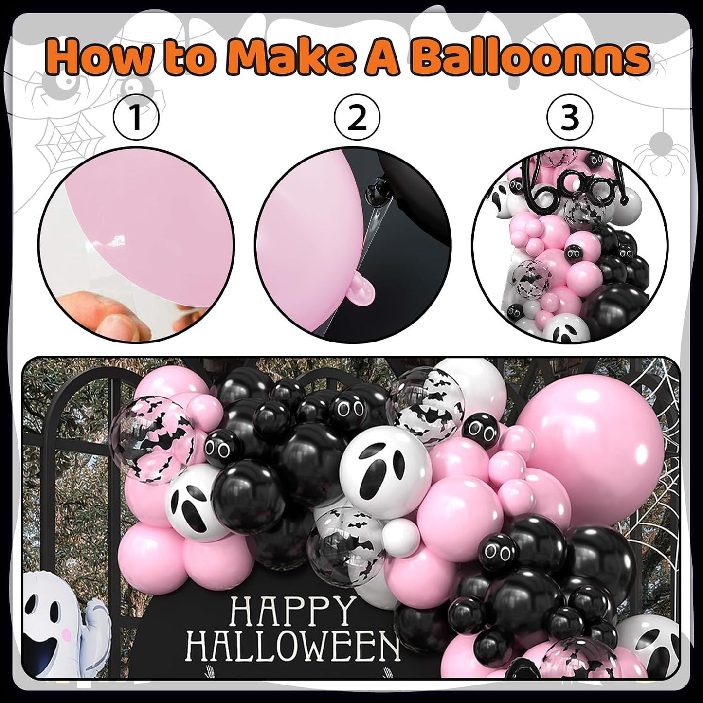 Halloween Balloon Arch Kit, Black Pink Balloons Garland Arch Kit with Large Ghost and BOO Foil Balloon, Eyes Bat Ghost Printed White Balloons For Halloween Decorations Home Garden Party Supplies
