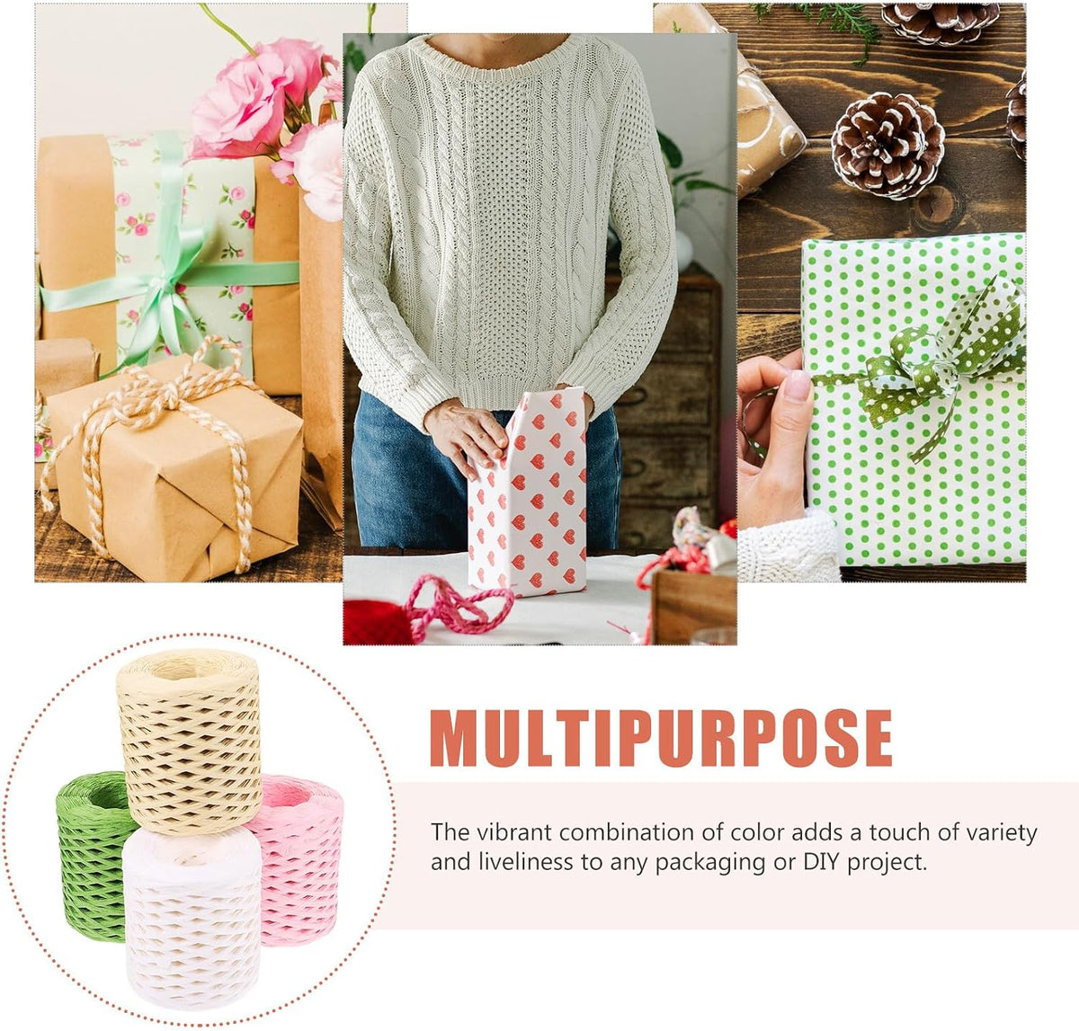 4 Rolls Raffia Ribbon Wrapping Twine Pack, Multi-Color (, Grass Green, Natural Beige, Peach) Craft Ribbon Supply for Holiday and Christmas Packing
