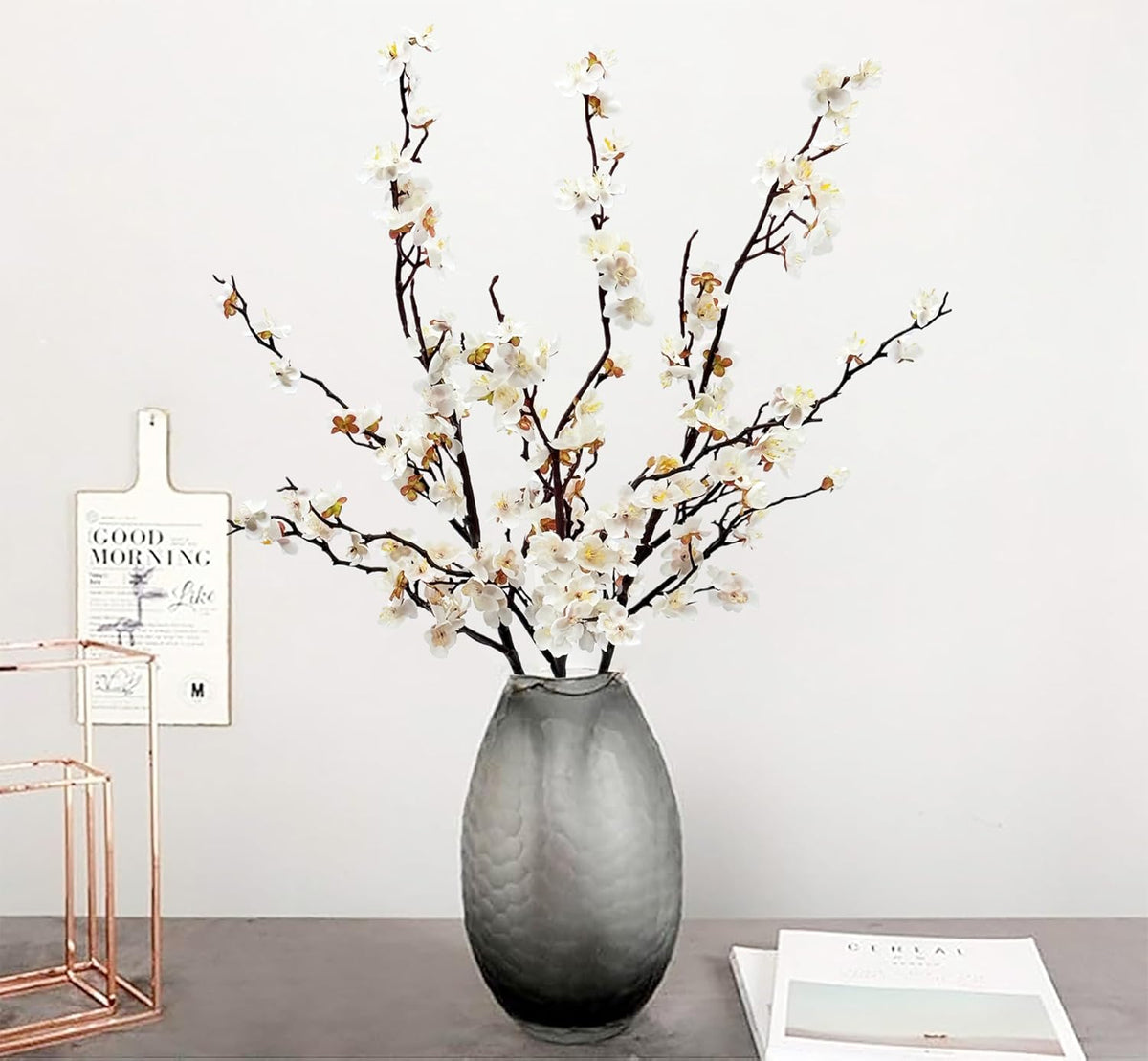 Artificial Plum Blossom Flowers 3pcs Faux Cherry Blossom Flower Silk Peach Flowers Plum Blossom Branches for Spring Summer Decor Home Wedding Party Table Centerpieces(White)