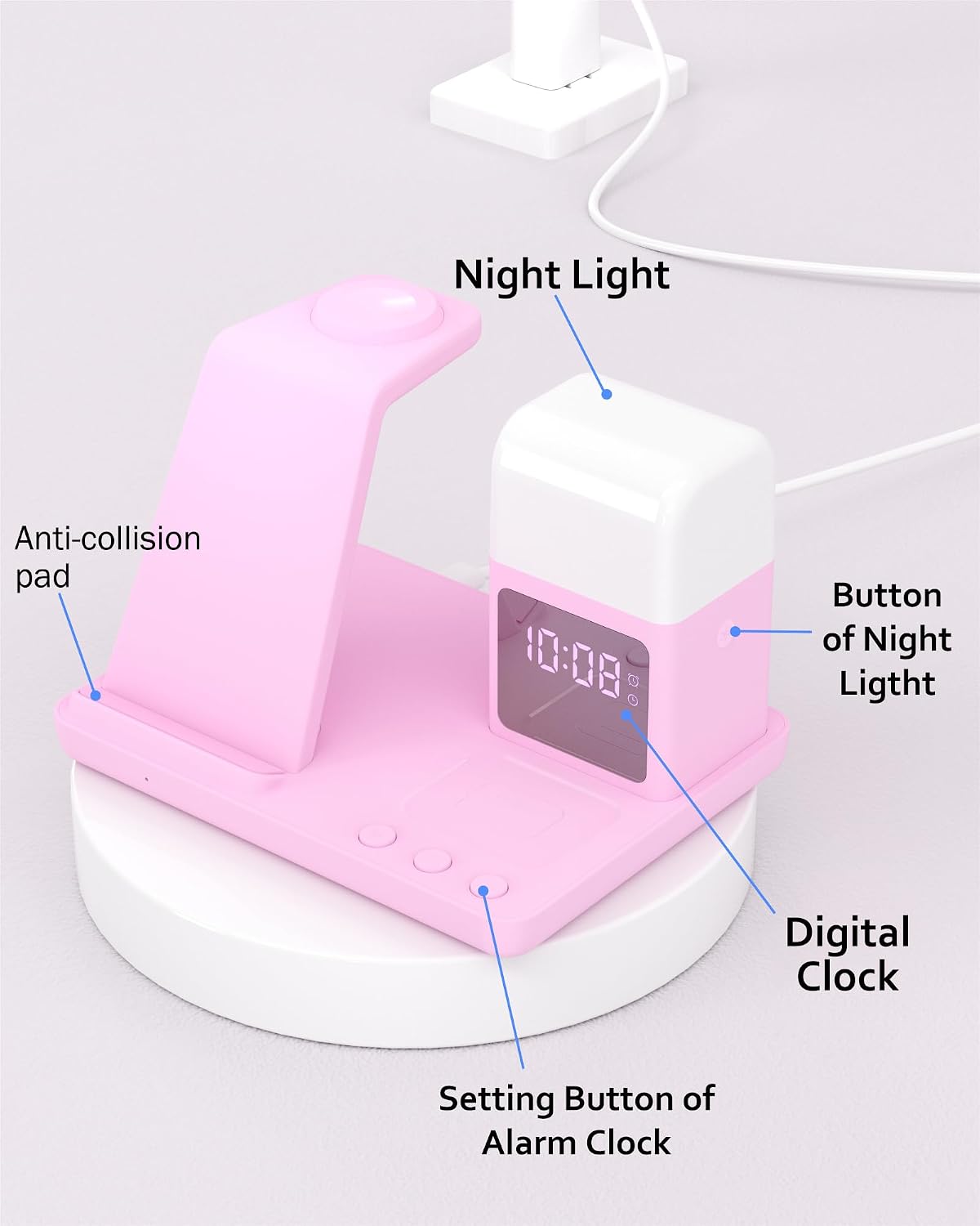 Wireless Charger for iPhone, 6in1 Fast Phone Charger Stand Dock Alarm Clock Night Light, Wireless Charging Station for Apple Watch, for Airpods 3/2/Pro, for iPhone 17/1615/14/13/12/11/Pro/Max (Pink)