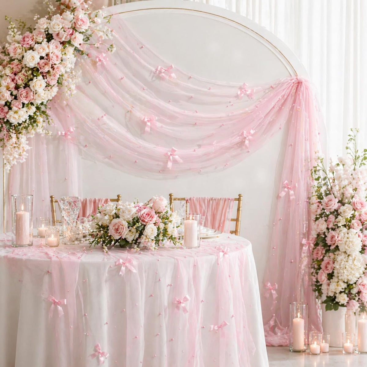 Pearl Table Runner for Wedding, 30x 120inch Pink Bow Gauze Table Runner for Holiday Wedding Birthday Bridal Shower Table Decor Home Party(Pink)