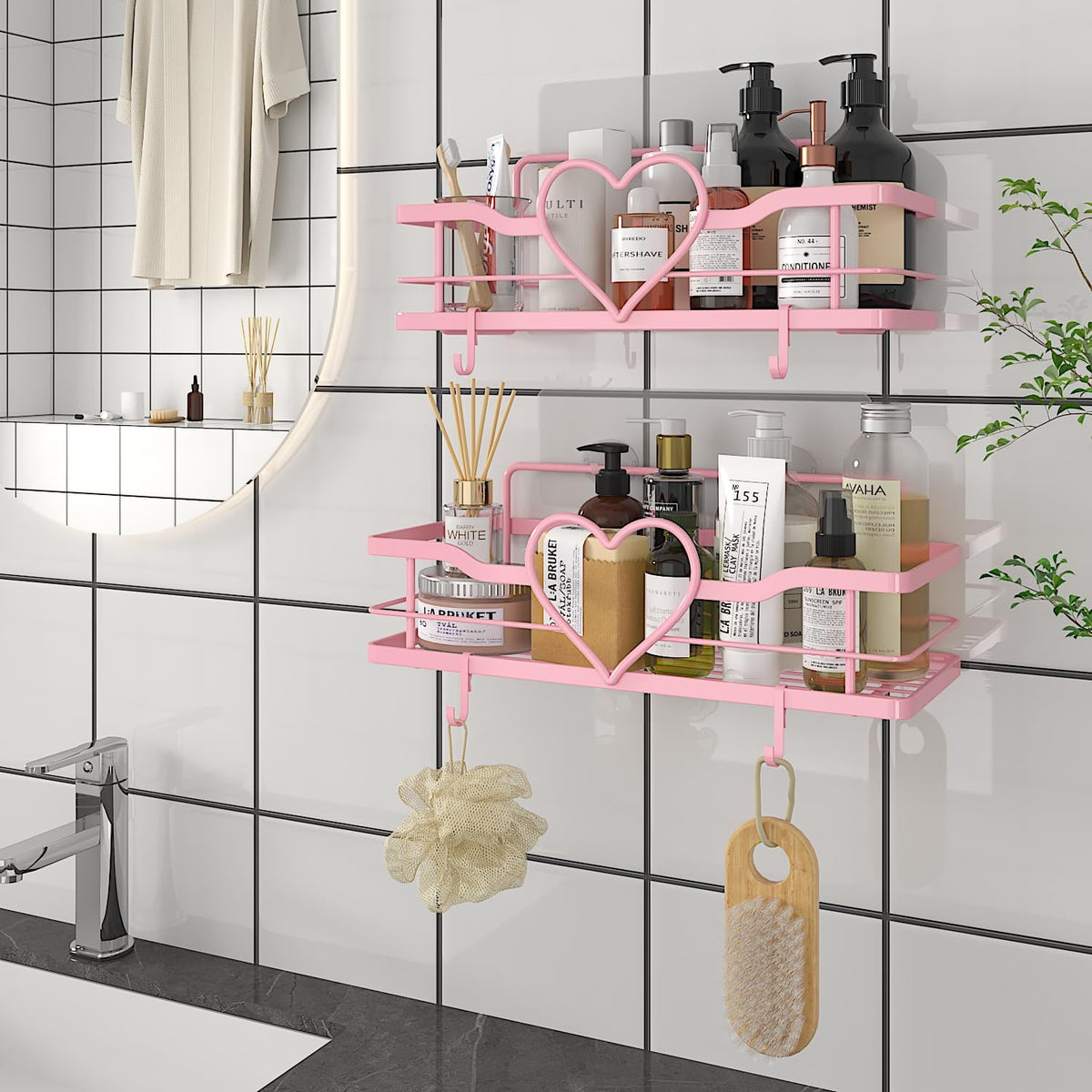Pink Shower Caddy with 4 Removable Hooks, 2 Pack Sweet Heart Shower Shelves,No Drilling Adhesive Organizer Shelf for Bathroom Shower,Kitchen,Bedroom