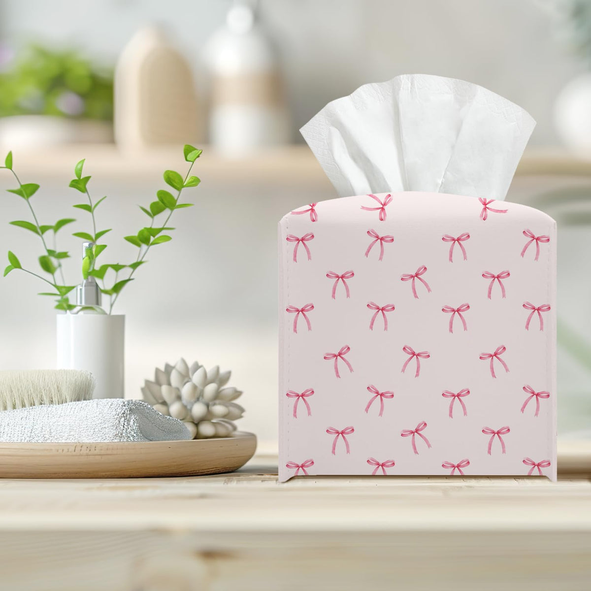 Pink Bow Leather Tissue Box Cover Square Cute Decorative Tissue Holder for Bathroom Home Office Gifts for Women Sister Friend Bestie Daughter Housewarming Christmas Birthday Gifts - DH548