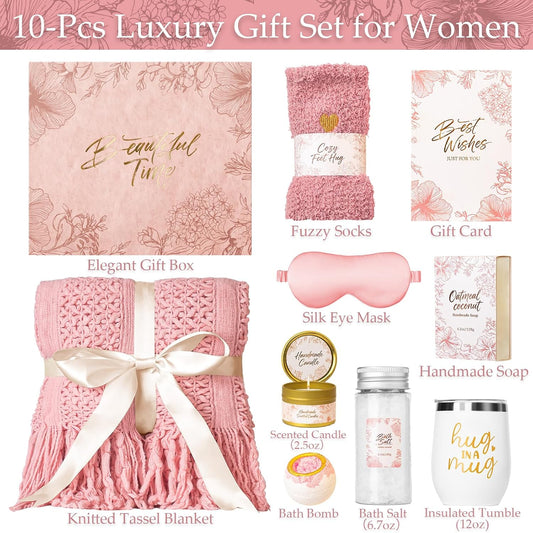 Gift Basket for Women, Self Care Set with Knitted Throw - Care Pkg - Pink