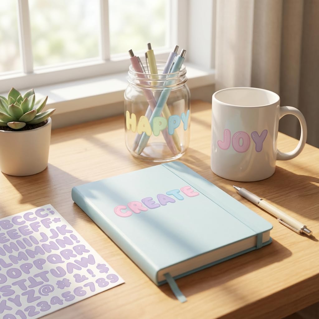Pastel Rainbow Bubble Letter Sticker Collection - 1.25" Premium Vinyl, 10 Sheets, 5 Soft Shades: Pink, Yellow, Green, Blue, Purple - Water Resistant Balloon Alphabet 700+ PCS