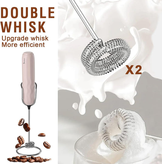 Ultra Fast Handheld Milk Frother Double Whisk with Stand 2 Batteries Stainless Steel for Lattes Cappuccino Matcha Hot Chocolate Coffee Bar Accessories Kitchen Gadgets Gift