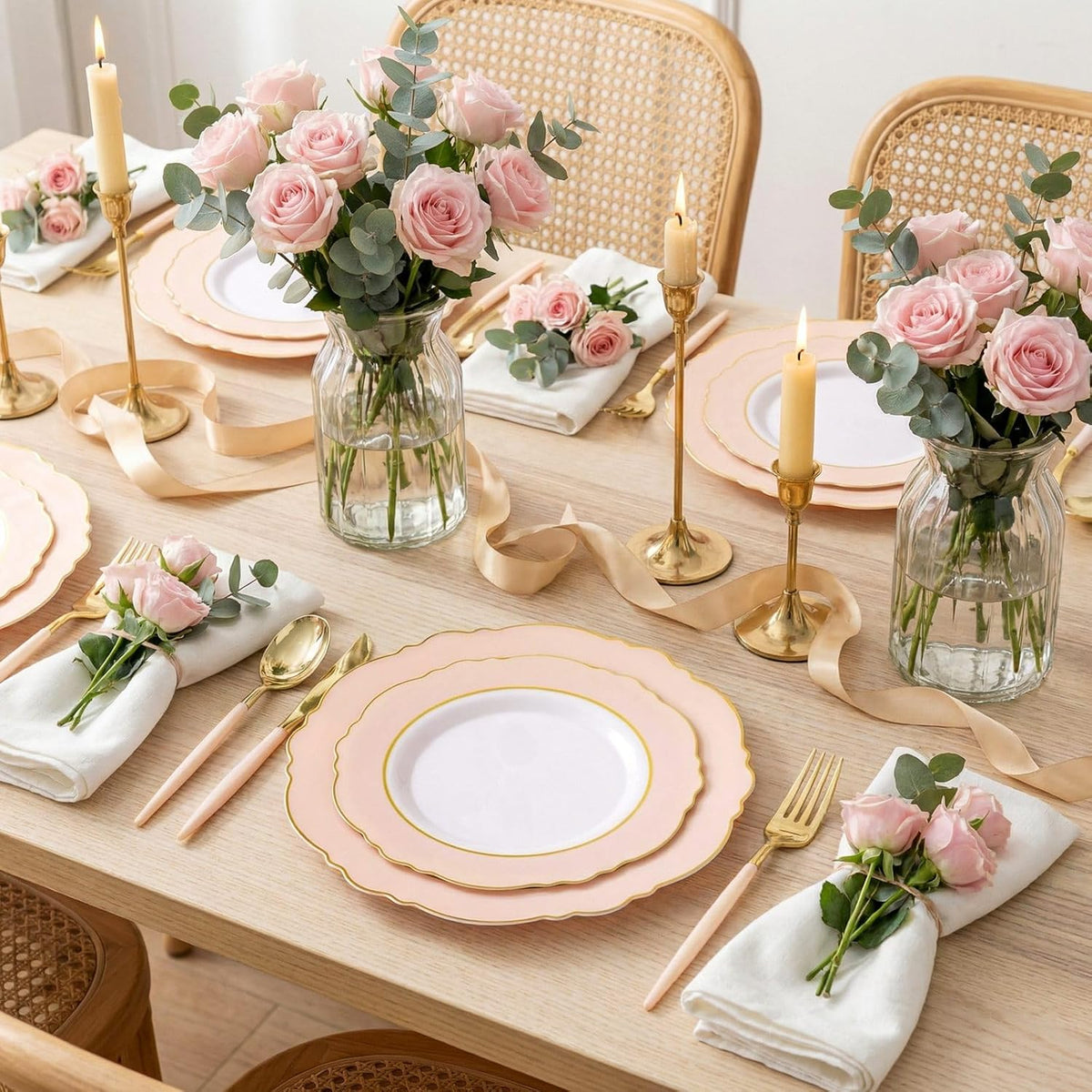 30Guest Pink Plates Disposable - Hign-end Baroque Design - Gold Plastic Silverware with Handle-Baroque Pink &Gold Plastic Dinnerware for Baby Shower/Wedding/Birthday/Summer Party