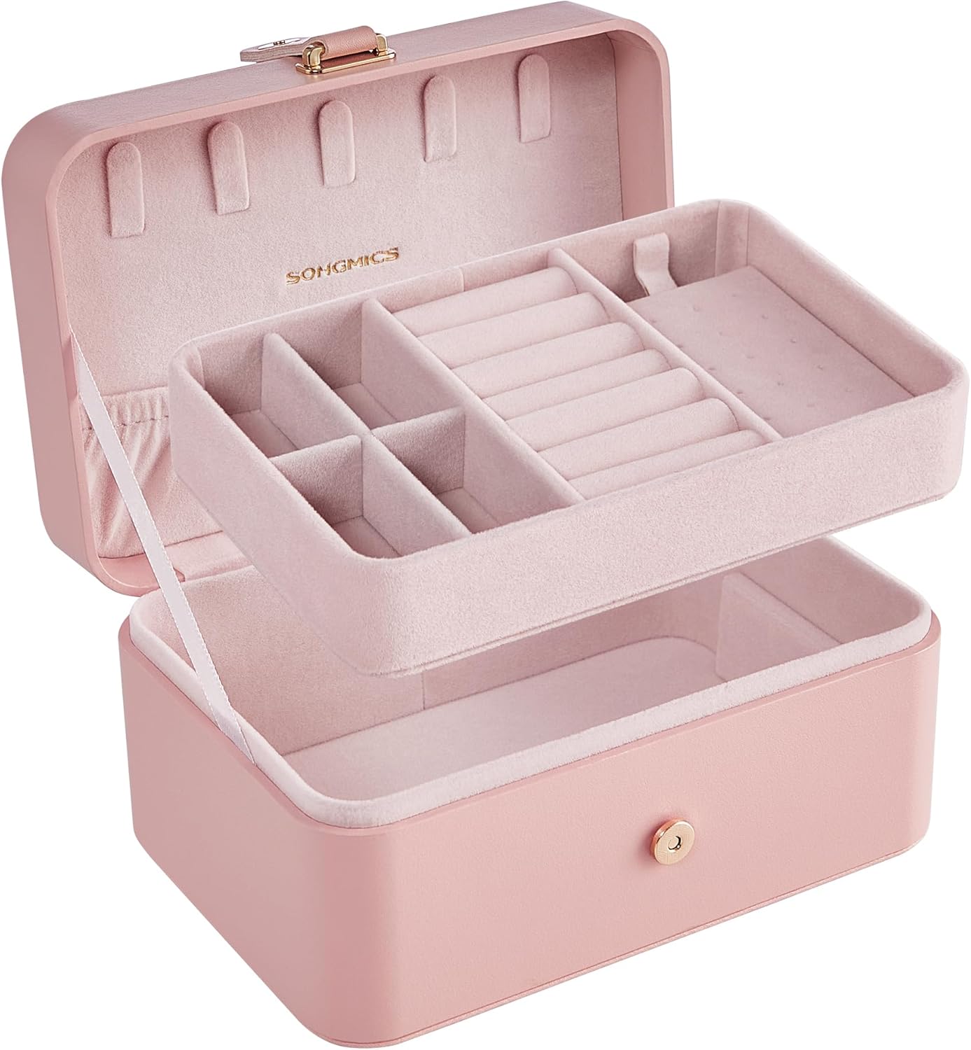 GISELLA Collection - Travel Jewelry Organizer, 2-Layer Jewelry Case Holder with Shiny Metal Hardware, Portable, Premium Velvet, for Earrings Necklaces, Jelly Pink UJBC166R01