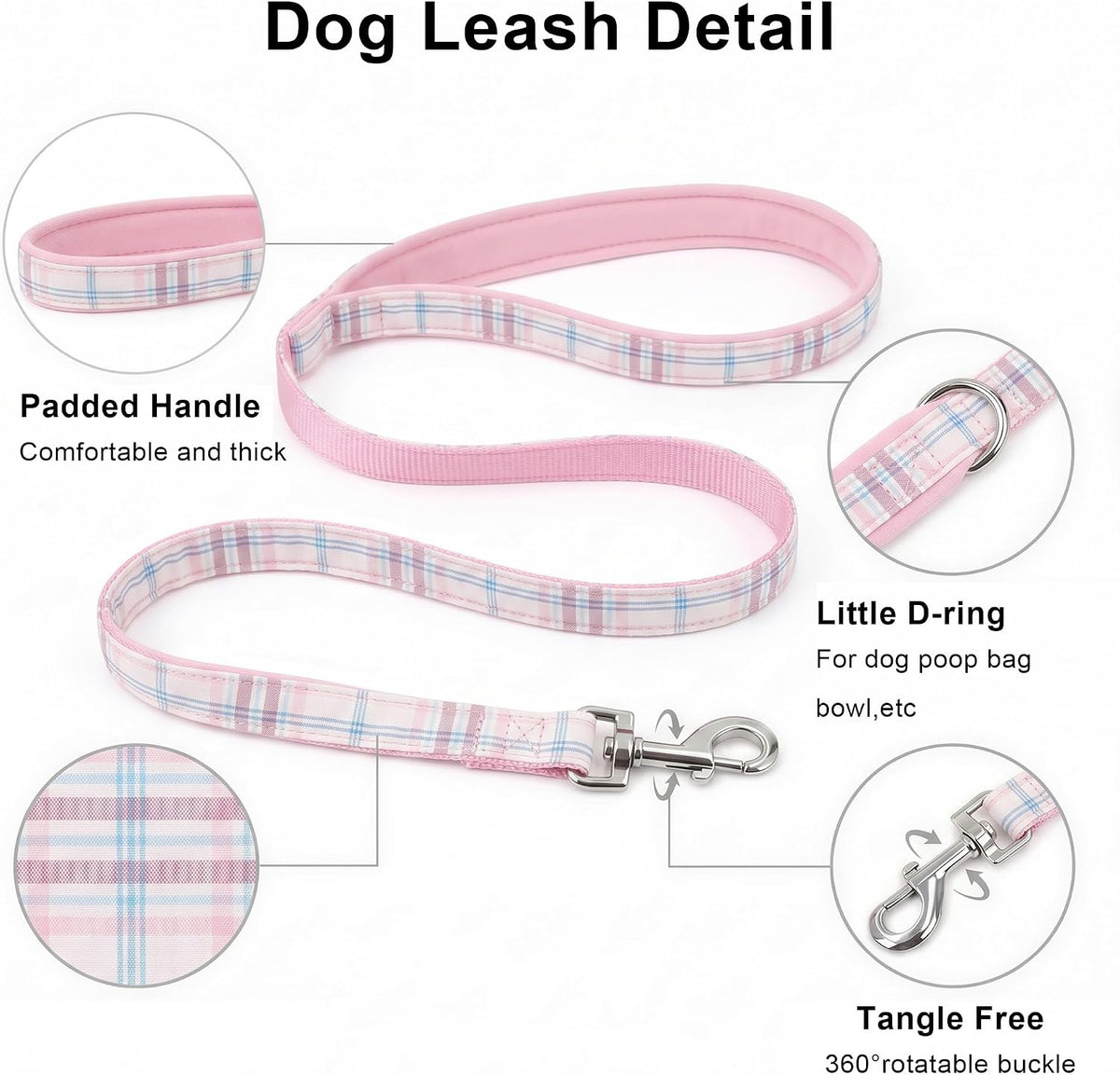 AIITLE Step in Dog Harness and Leash Set Plaid Adjustable, Pink S