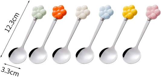 (6 Pieces) Ceramic Flower Stainless Steel Spoon Soup Spoon Dessert Coffee Tea Spoon Small Round Spoon Small Spoon (Pink)