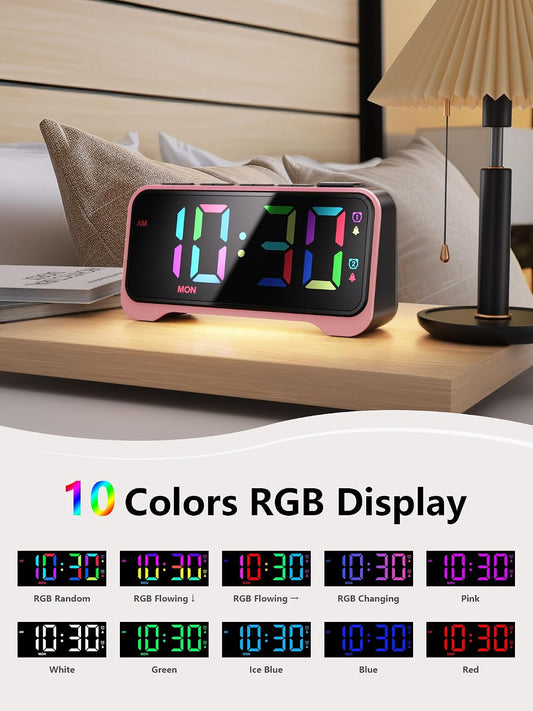 Pink Alarm Clock for Girls & Teens, RGB Display & Super Loud Alarm