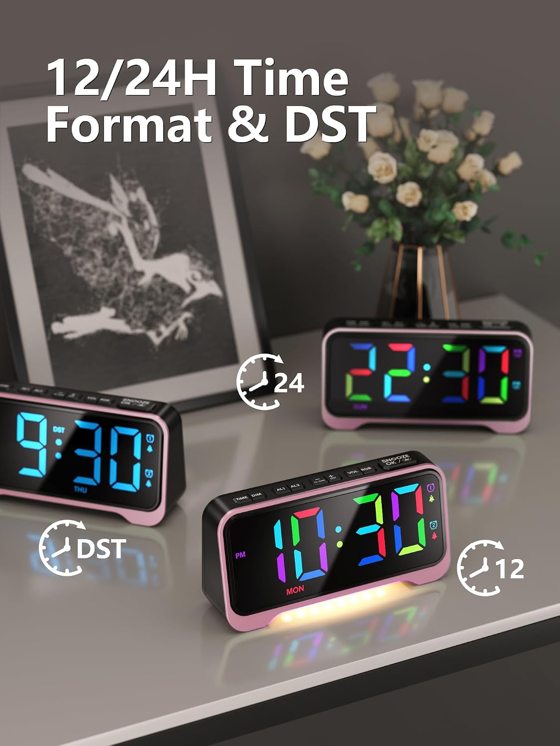 Pink Alarm Clock for Girls & Teens, RGB Display & Super Loud Alarm