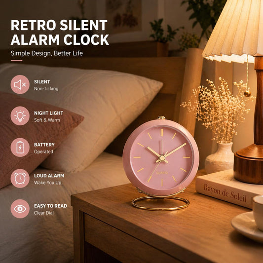 ® Battery Operated Desk Alarm Clocks with Light,Retro Silent No Ticking Analog Small Clock,Loud Table Clock for Bedside/Bedroom/Kitchen/Office/Travel/Kids/Room Decor Aesthetic Vintage(Pink)