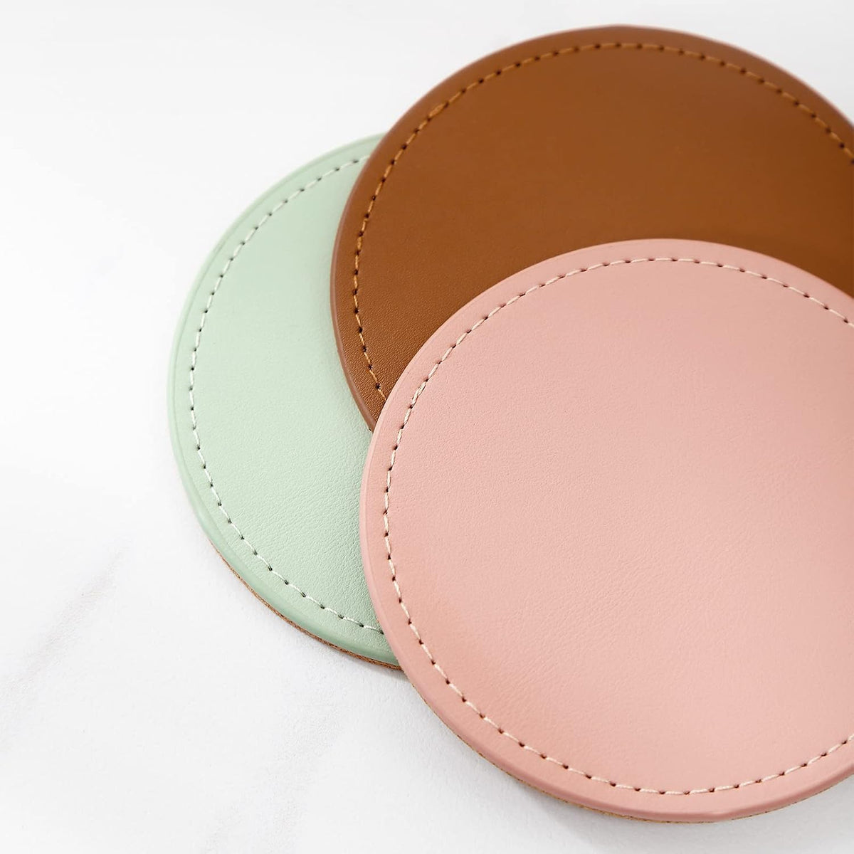 Drink Coasters with Metal Holder Stand Set of 6, PU Leather Absorbent Coasters with Cork Base Table Coaster Set Decorative Coffee Cup Coasters Housewarming Gift for Home Decor