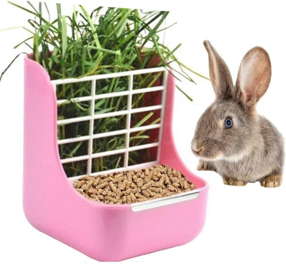 Rabbit Feeder, Hay Food Bin Feeder, Pink (Plastic), Adjustable, Removable Grass Rack, Stainless Steel Edge, for Rabbit, Guinea Pig, Chinchilla