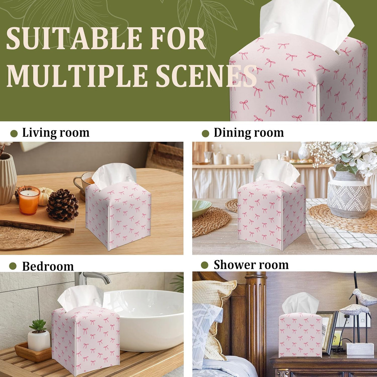 Cute Preppy Pink Ribbon Bow Decorative Leather Tissue Box Cover - Tissue Box Holder Gifts for Women Family and Friends Funny Unique Home Decor Decorative for Kids Room Kitchen Bathroom Office - A26