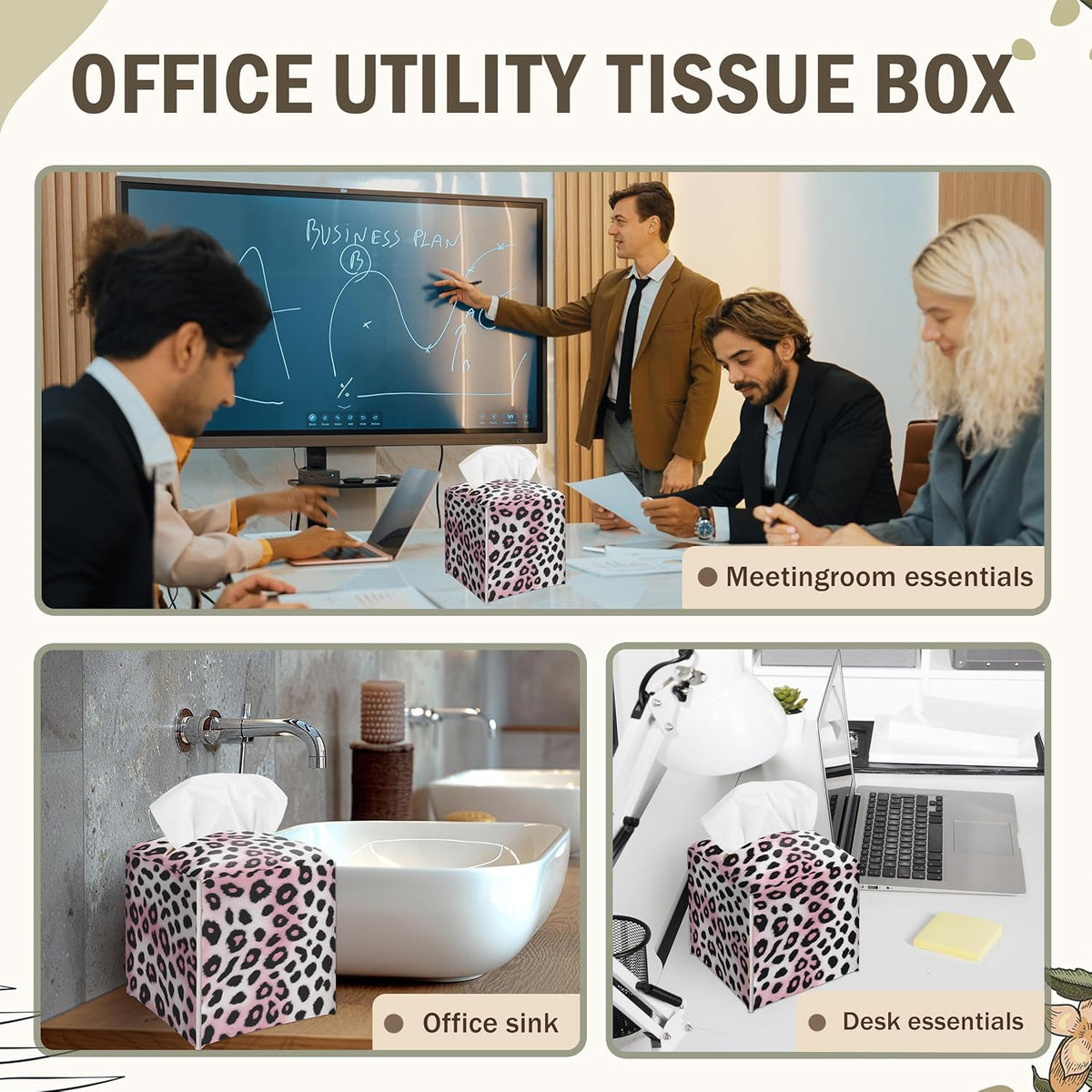 Pink Cheetah Decorative Square Leather Tissue Box Cover - Cute Tissue Holder Gifts for Women Family and Friends Funny Unique for Home Decor Decorative for Kids Room Kitchen Bathroom Office - A29
