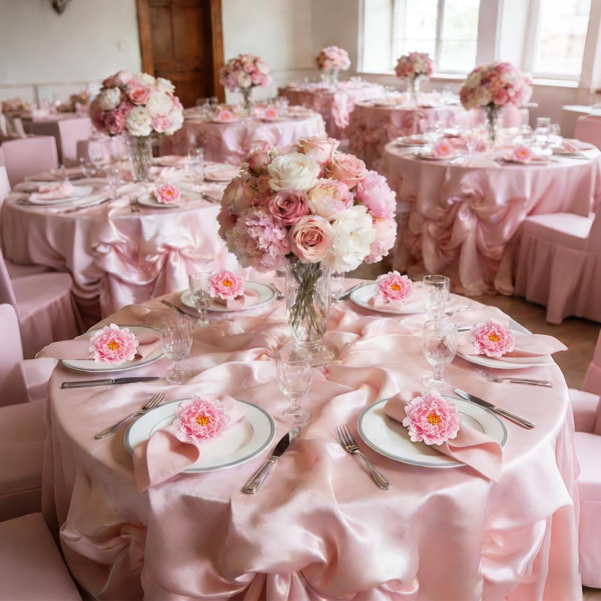 Pink Flower Napkin Rings Set of 4, Faux Peony Napkin Ring Holders for Table Decoration, Wedding, Mother, Thanksgiving Day, Dinner Setting