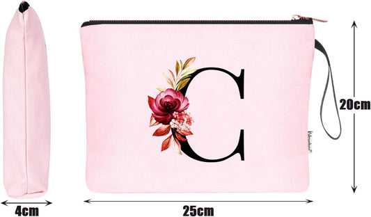 A-Z Personalized Makeup Bag, Birthday Gifts for Women Mom, Gifts for Best Friend, Bride Bridesmaid Cosmetic bag (C, 06-Pink)