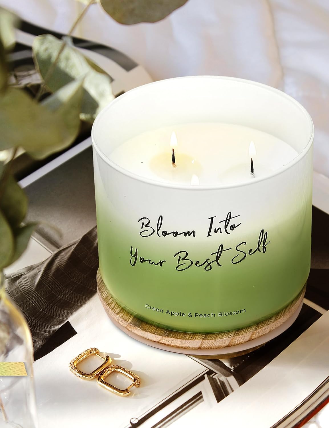 Green Apple Peach Blossom Large 3-Wick Scented Soy Candle for Home, 15.8 Oz