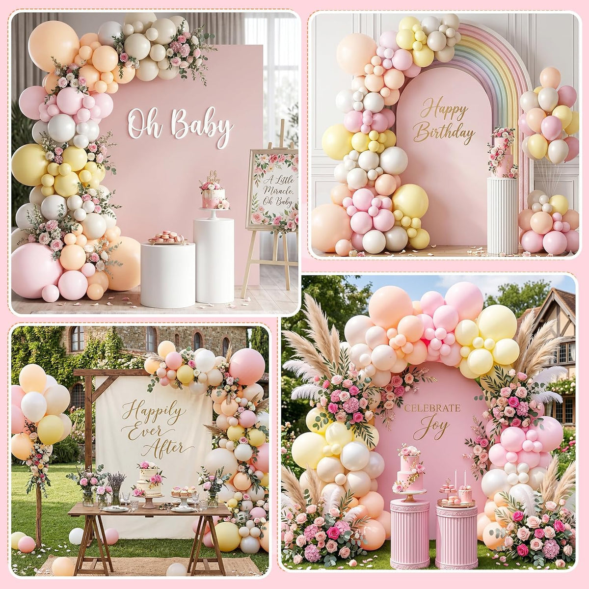 Pink Pastel Balloon Arch Kit, 140Pcs Pink Yellow Ivory Balloons for Baby Shower Gender Reveal Birthday Wedding Bridal Shower Party Decorations