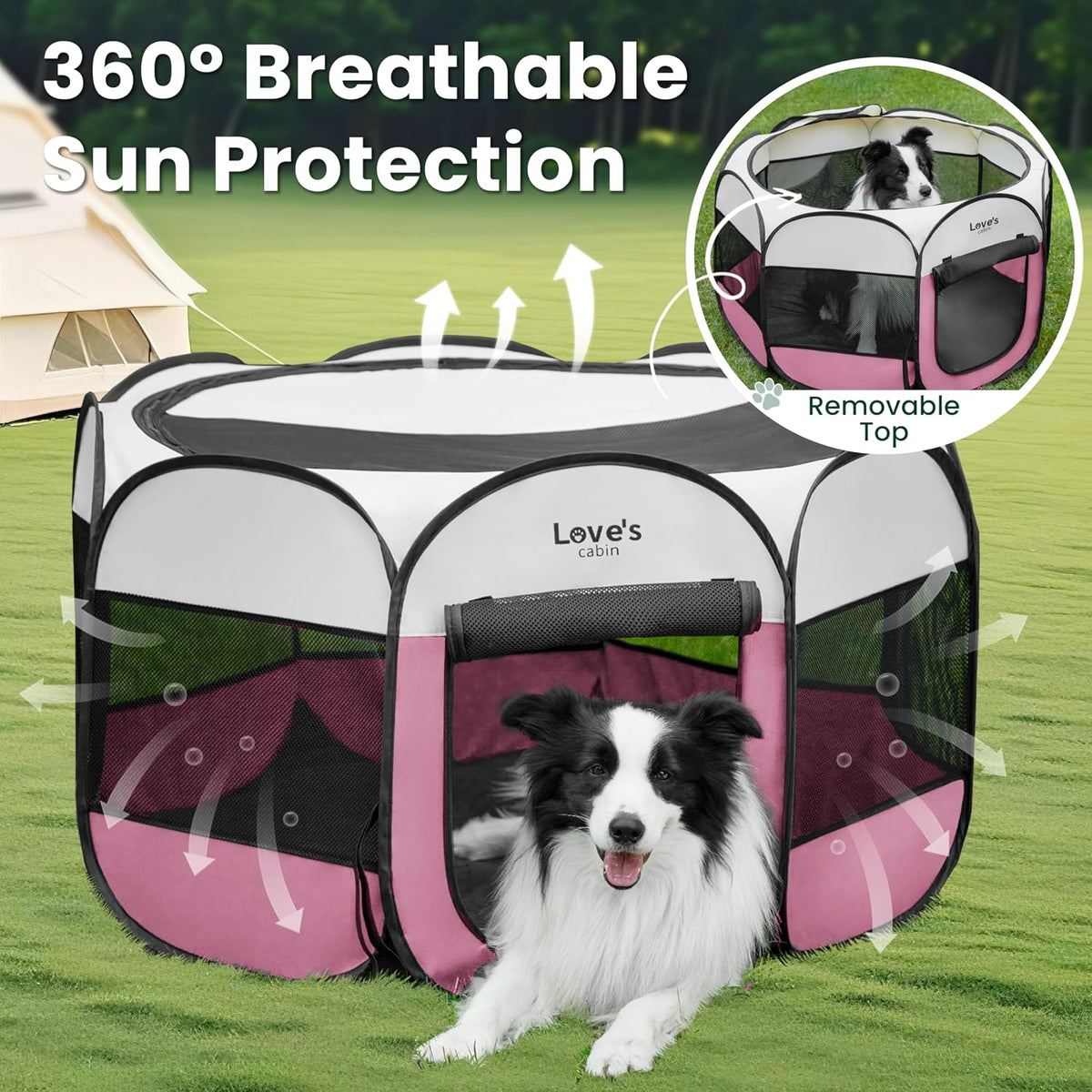 Pet Puppy Dog Playpen, Small Dog Tent Crates Cage Indoor/Outdoor, Portable Playpen for Cat, Foldable Pop Up Dog Kennel Playpen with Carring Case, Removable Zipper Top, Light Pink