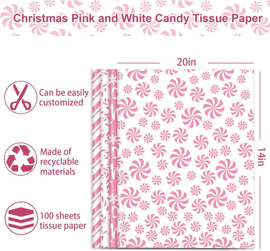 100 Sheets Christmas Tissue Paper Pink White Art Tissue Candy Cane Stripe Wrapping Paper for Xmas Winter DIY Crafts Gift Packing, 14 x 20 Inch