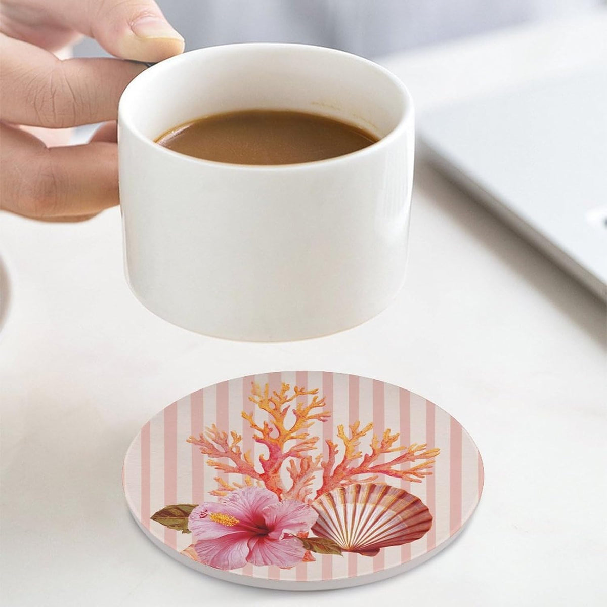 Light Pink Scallop Shell Hibiscus Flower Coasters Set of 4 Absorbent Coasters