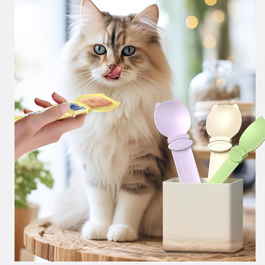 Cat Strip Feeder Spoon - Squeeze & Lickable Treat Dispenser for Wet Food, Multi-Purpose Pet Food Can Accessory (Assorted Colors) (Purple+Yellow+Pink)