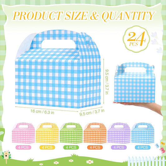 Lerheedi 24 Pcs Gingham Gift Gable Boxes, Pastel Plaid Party Favor Candy Treat Box, Colorful Goodie Bag for Birthday Back to School Wedding Spring Summer Easter Party, 6 x 3.7 x 3.7 Inch