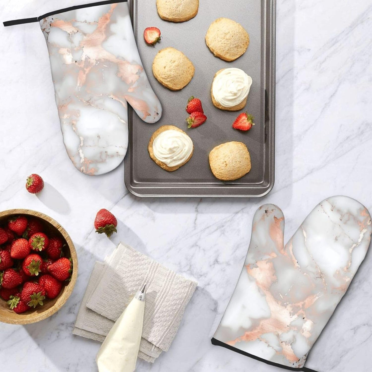 White Marble Rose Gold Printed Oven Mitts 2-Piece Set - Heat Resistant Oven Gloves for Kitchen & Outdoor Cooking Baking