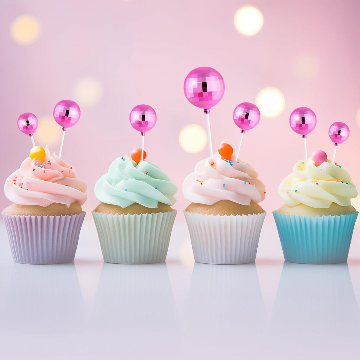 20 Pcs Pink Disco Balls Cake Topper Decorations for Birthday Cake