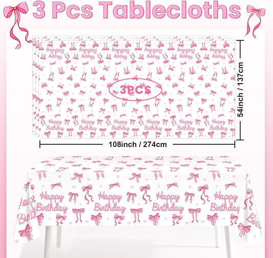 Avezano 3 Pcs Pink Bow Table Cloth Coquette Birthday Decorations Disposable Bow Tablecloth for Girls Birthday Party Decorations 108 x 54 Inch
