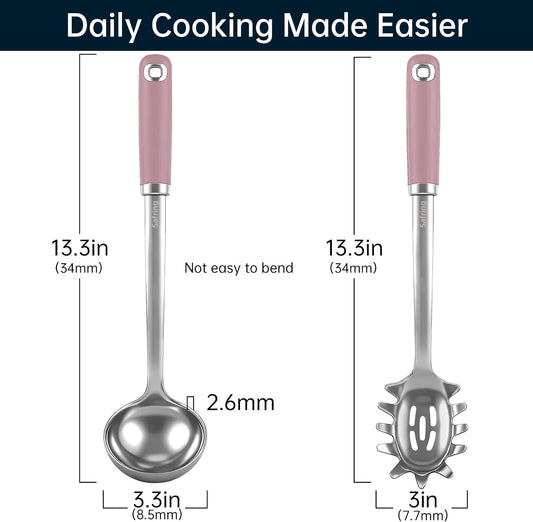 Stainless Steel Soup Ladle and Spaghetti Spoon Set, Heat Resistant Rubber Handle, Dishwasher Safe, Kitchen Utensils for Cooking, Stirring, Serving Pasta, Soup & Sauce (Pink)
