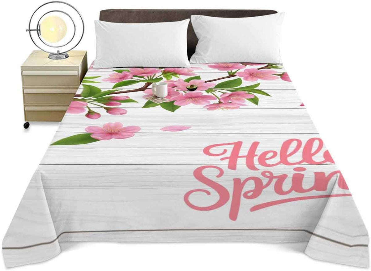Twin Top Sheets Easy Care, Hello Spring Peach Blossom Floral Super Soft Bed Sheets, Pink Flower Rustic Wood Grain Hotel Luxury Bedding Flat Sheet for Women/Men/Kids