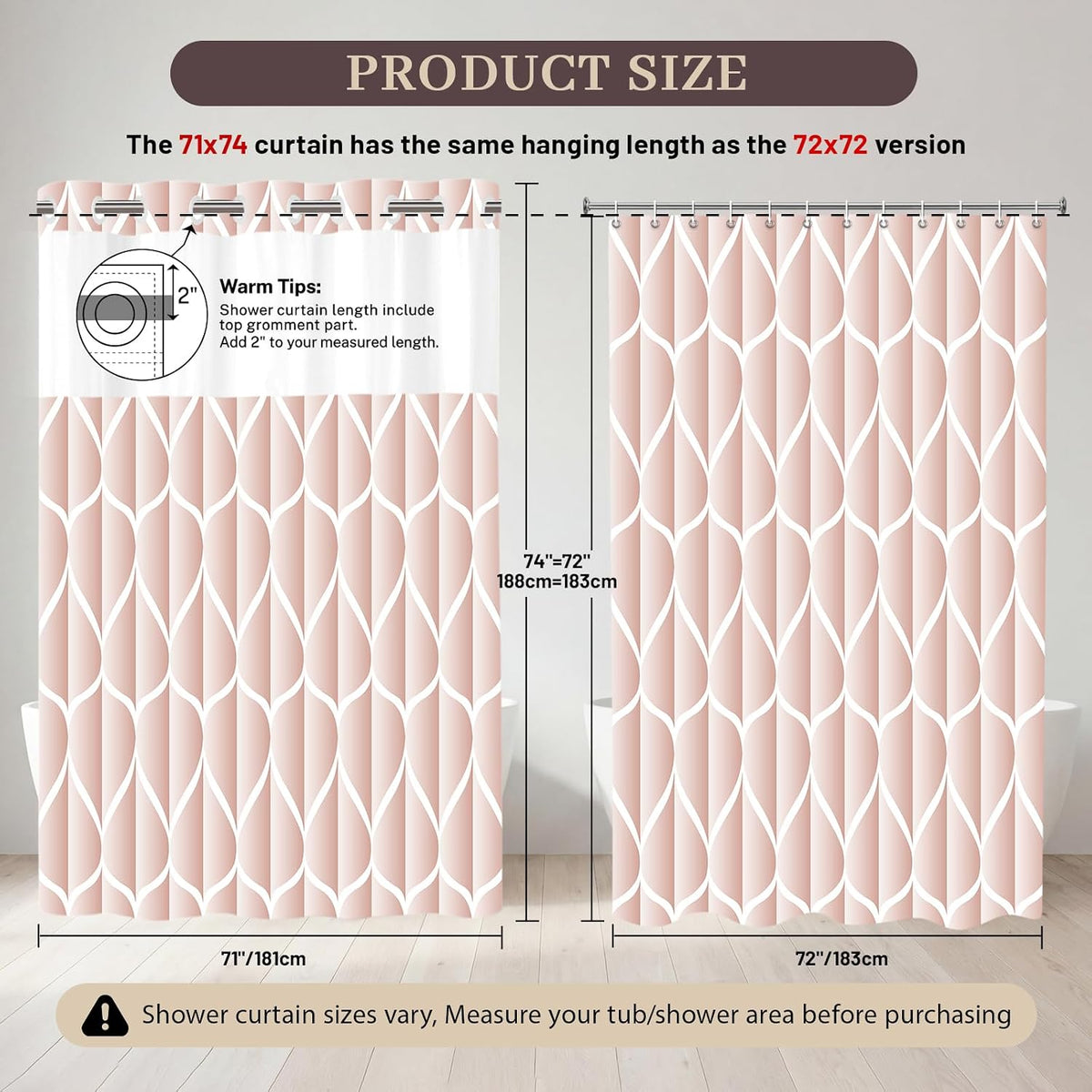 No Hook Shower Curtain with Snap-in Liner, 71 x 74 Inch
