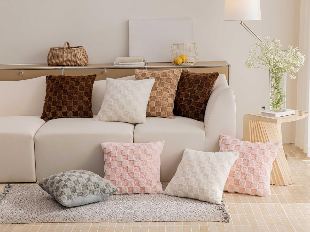 Pink Pillow Covers 18x18 Squre Checkered Throw Pillows for Sofa Soft Plush Pillow Cases for Party Birthday Decorations, Set of 2, 18 x 18 inch, Blush Pink