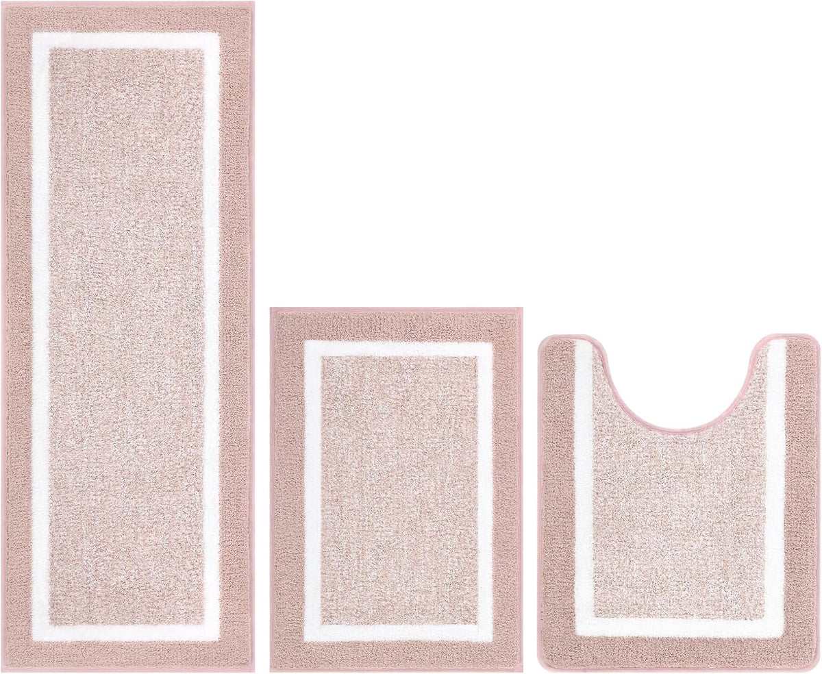 Bathroom Rugs 3 Piece Set, Non Slip Washable Bath Mat, Dusty Pink