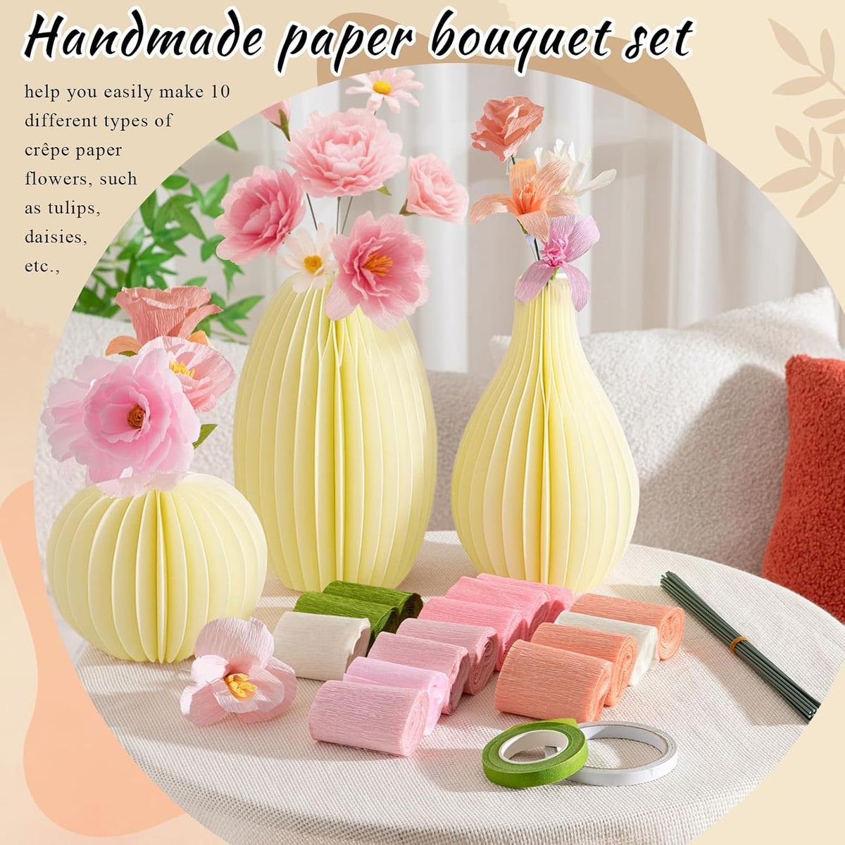 Crepe Paper Flower Making Kit, Complete DIY Craft Aesthetic Gift with 3 Vises & Supplies to Make 30 Flowers, Sensory Arts Idea Gift for Adults, Couples, Friends, Women(Pink)
