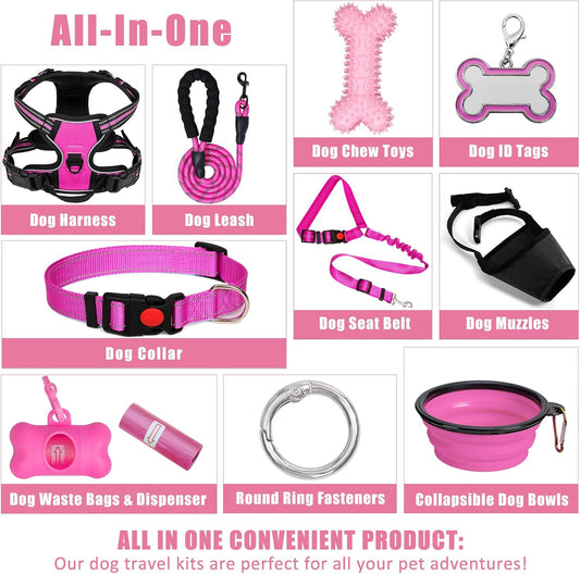 No Pull Dog Harness Adjustable Collar & Leash Set - Dog Halter Harnesses Collapsible Bowls & Poop Bag Dispenser Muzzle ID Tags Toys Fits Small Medium Large Dogs (Pink-XL)