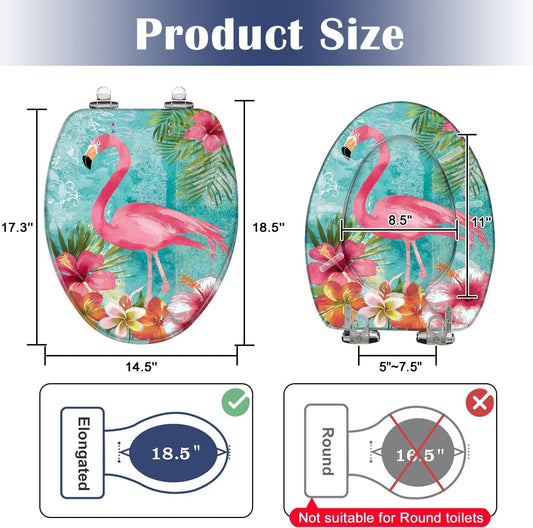 Elongated Toilet Seat Pink Surrounded by Tropical Hibiscus Palm Leaves Resin Toilet Seat Slow Quiet Close Lid with Quick-Release Hinges Cover Bumpers Easy to Clean Install