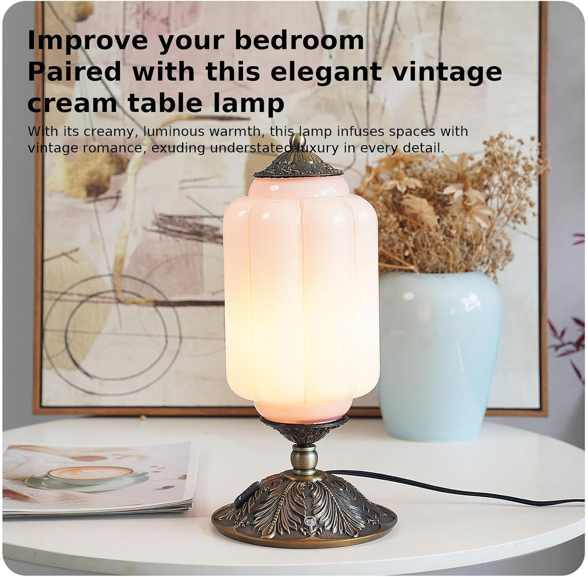 Vintage Touch Bedside Table Lamp, Elegant Green Glass Bedside Desk Lamp 3 Way Dimmable with USB C+A Charging Ports - Bedroom Nightstand & Living Room Essential (Pink, 6.5)
