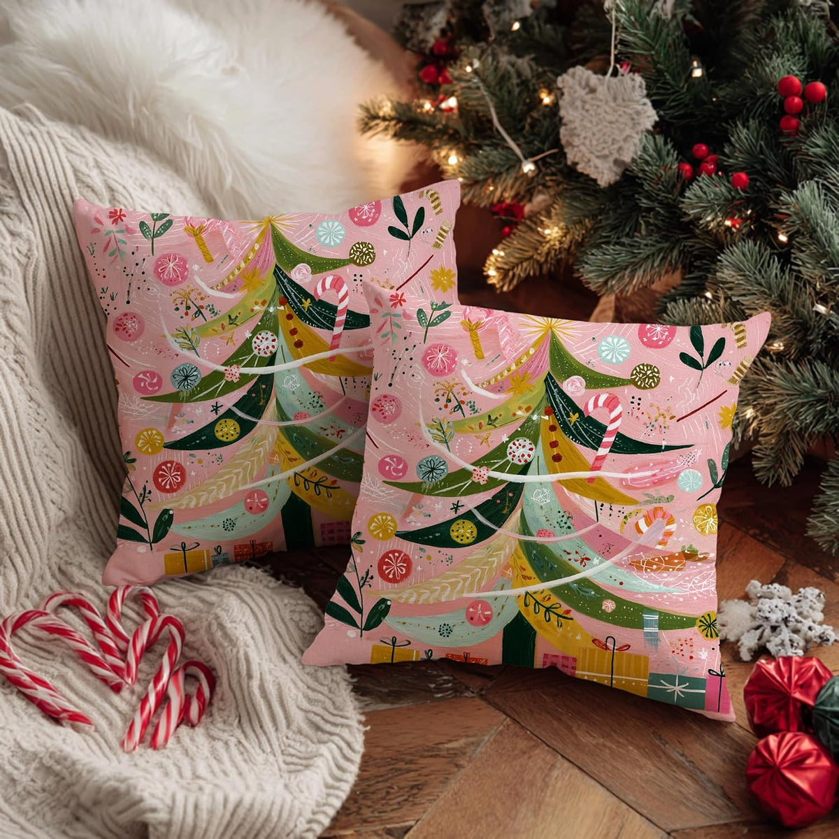 Christmas Tree Throw Pillow Covers, Festive Fanciful Candy Cane Xmas Ornaments Peach Soft Velvet Washable Pattern Pillow Covers for Home Living Room Bedroom Dorm Couch Decor 12x12 Inch