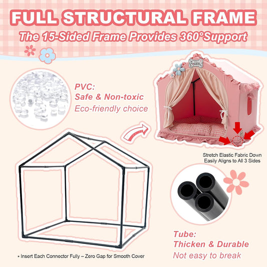 Indoor Dog House with Frame,Cute Dog Tent Bed with Cover Cave,Pink