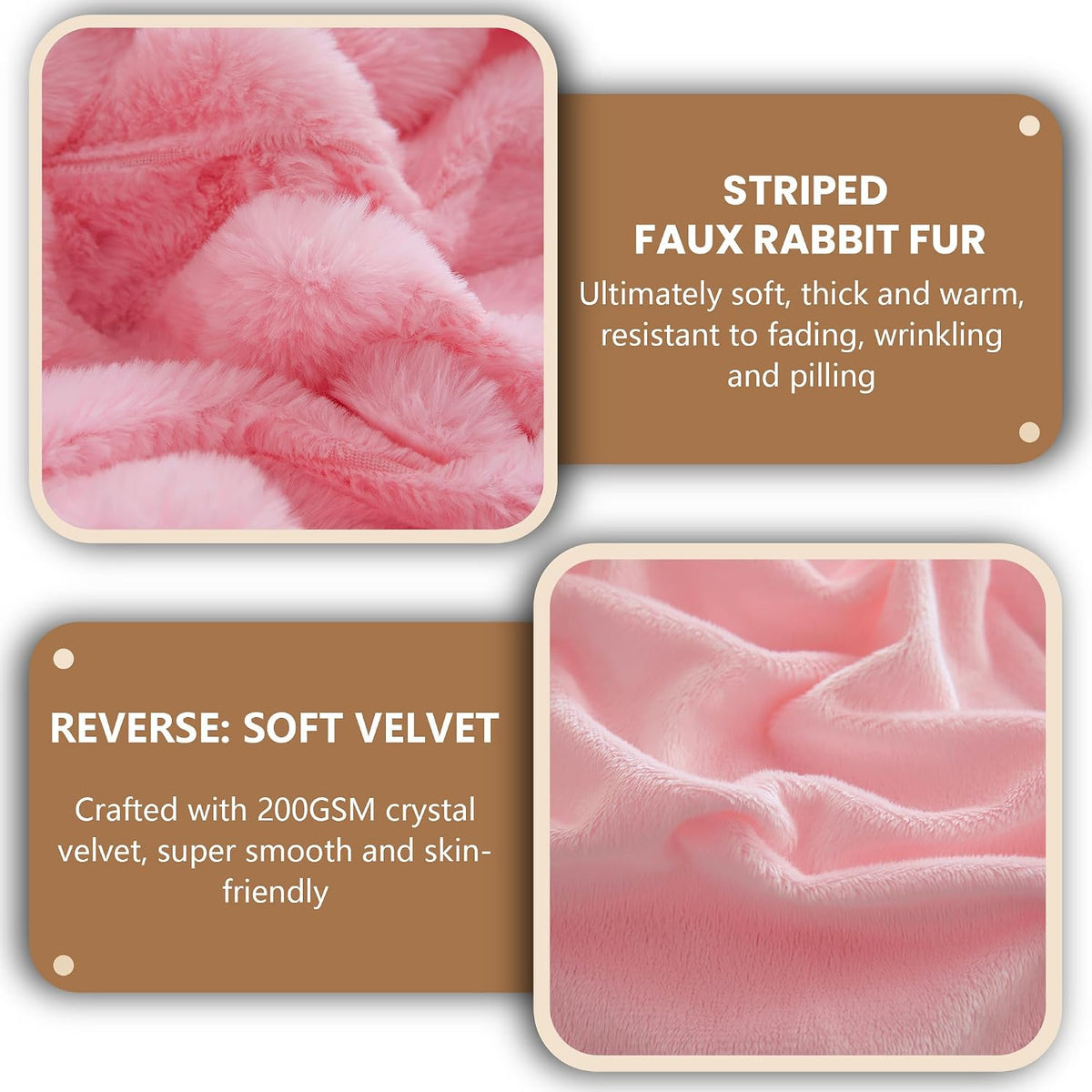 Fluffy Ribbed Faux Rabbit Fur Standard Pillow Cases Set of 2, Pink